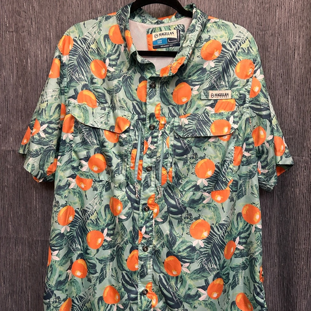 Magellan Outdoors Orange Citrus Print Fishing Shirt L dadcore gorpcore oranges